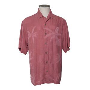 Tommy Bahama Men's 100% Silk  Salmon Pink Button Down Hawaiian Shirt Sz L Palm
